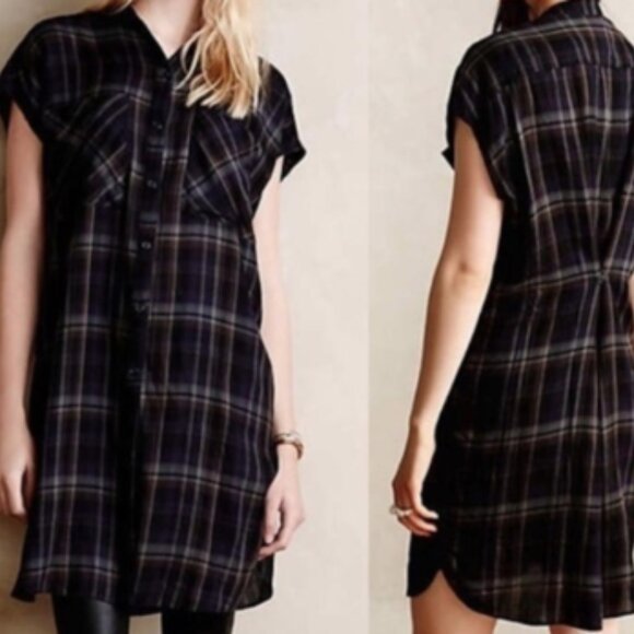 Anthropologie Holding Horses Blue Plaid Cody Button Up Midi Dress - Picture 1 of 8